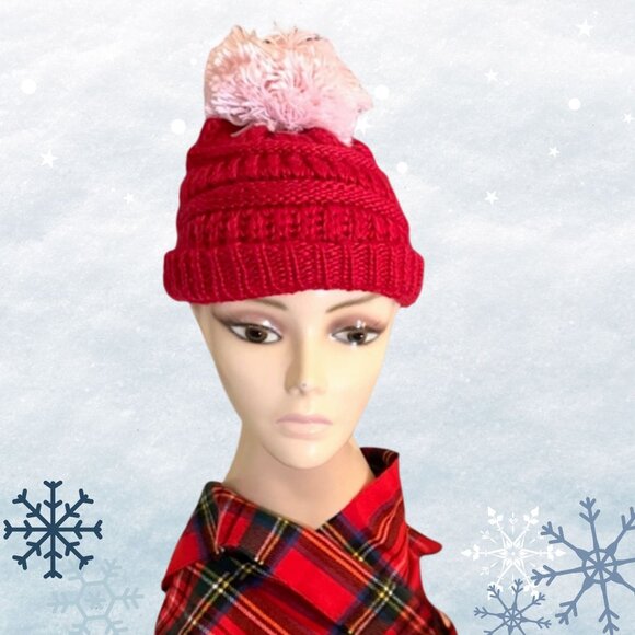 LA Hearts Red Knit Beanie Hat One Size with Pink Pom Pom PacSun Cozycore - Picture 7 of 7